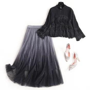 

Women gradient color mesh skirt suit new 2020 spring summer gothic black fringe tassel chiffon tops blouses two piece set