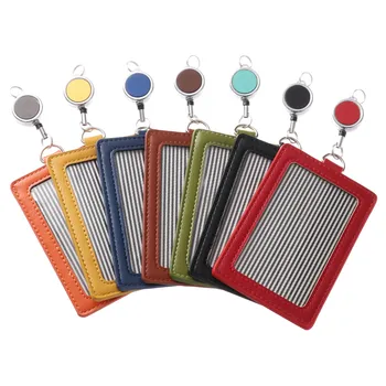 

1PC Fashion Name Badge Holder Work Card Holders With Retractable Lanyard PU Leather Bank Credit Card Office School