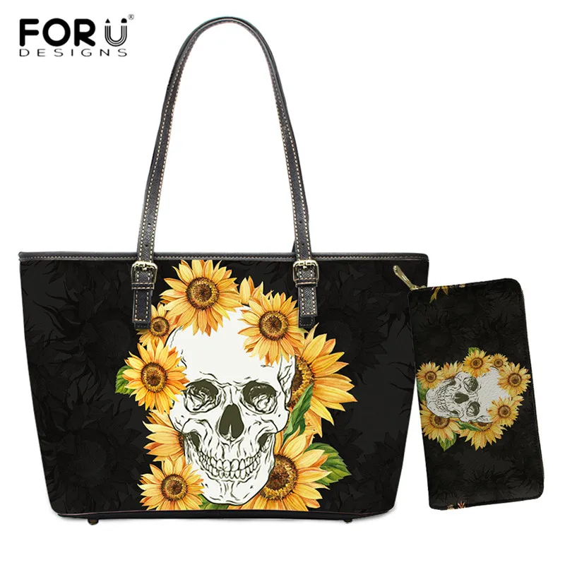 

FORUDESIGNS Sunflower Skull 3D Print Handbags Set PU Leather Messenger Bags Wallets for Women Large Capacity Tote Shoulder Purse