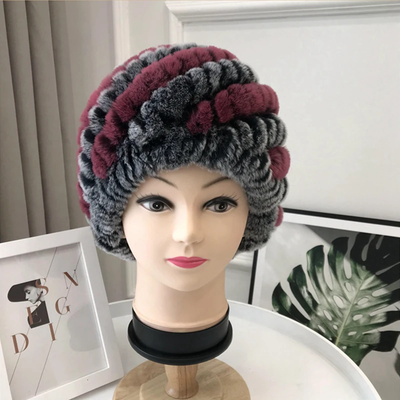 Шапка из меха кролика бобра, зимняя женская меховая шапка, вязаная шапка из меха кролика среднего и старого возраста, Толстая теплая шапка для мамы, защита для ушей - Цвет: rust red grey