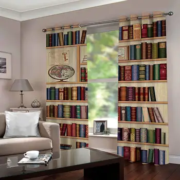 

2 Panels Curtain Magic Bookshelf Globe 3D Printing Blockout Fabric drapes window curtains for living room bedroom