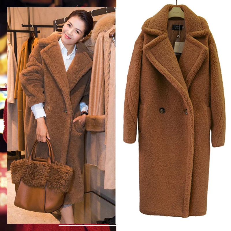 

Teddy Bear Overcoat Faux Fur Coat Winter Thick Warm Sheepskin Coat For Women Long Pockets Plus Size Coat Female Plush Outwear