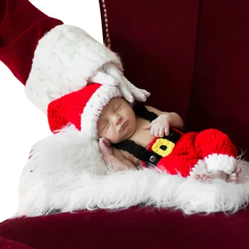 

Newborn Baby Christmas Cap Hat and Suspender Trousers Set Photography Props Santa Claus Outfits Handmade Knitted