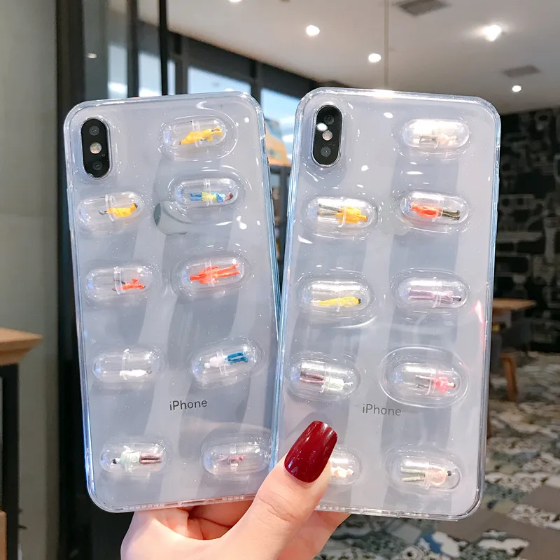 

Transparent 3D Pill Capsule Phone Case For iPhone XS MAX 8 7 6 Plus X Cartoon Soft Clear TPU Cover For Samsung Note 10 9 8 S10