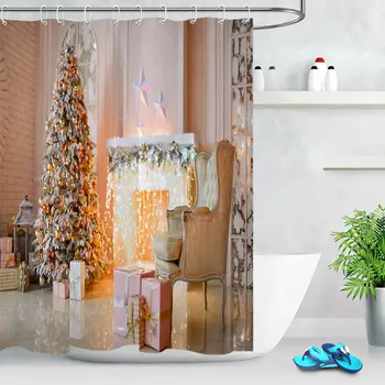 

Indoor Christmas Tree Fireplace Bathroom Shower Curtain Set Waterproof Fabric