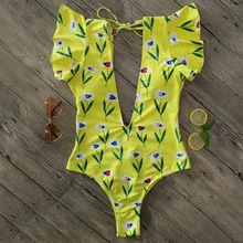 Цельный сексуальный купальный костюм с v-образным вырезом и открытыми плечами, женская одежда для плавания с оборками, купальные костюмы, пляжная одежда, монокини, купальник