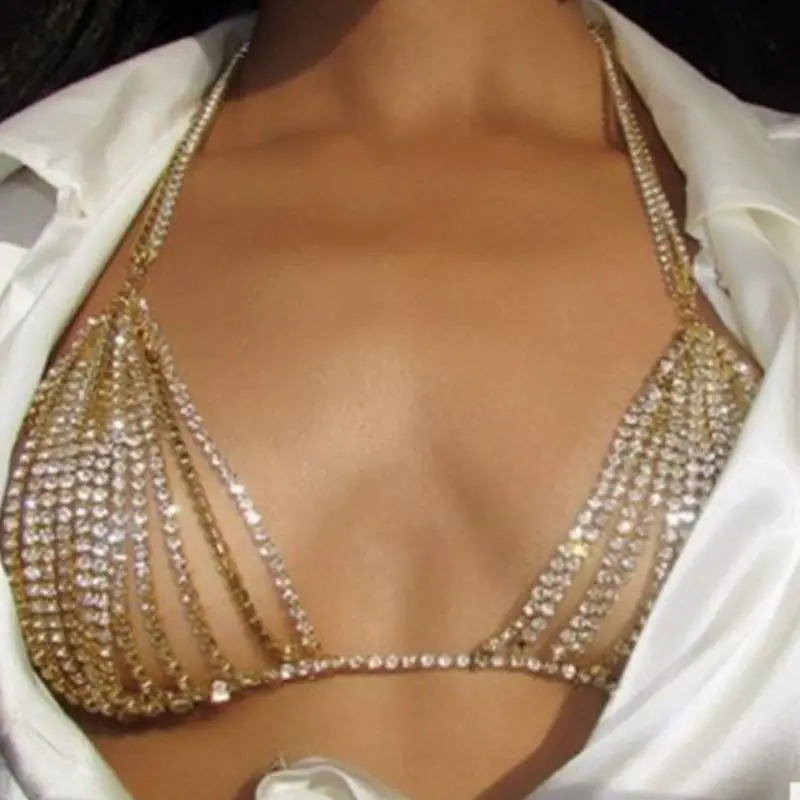 Women Glitter Rhinestone Harness Body Chain Sexy Faux Diamond Bralette Bikini Beach Night Party Jewelry Necklace Bra Accessories