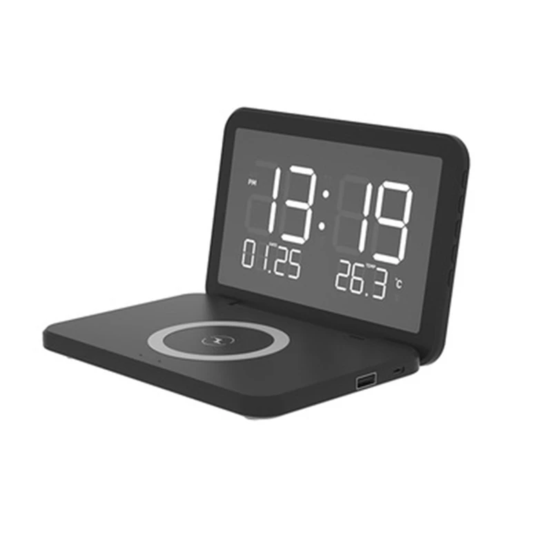 LED Electronic Alarm Clock Wireless Charger With Mirror Clock Temperature Date Phone Holder