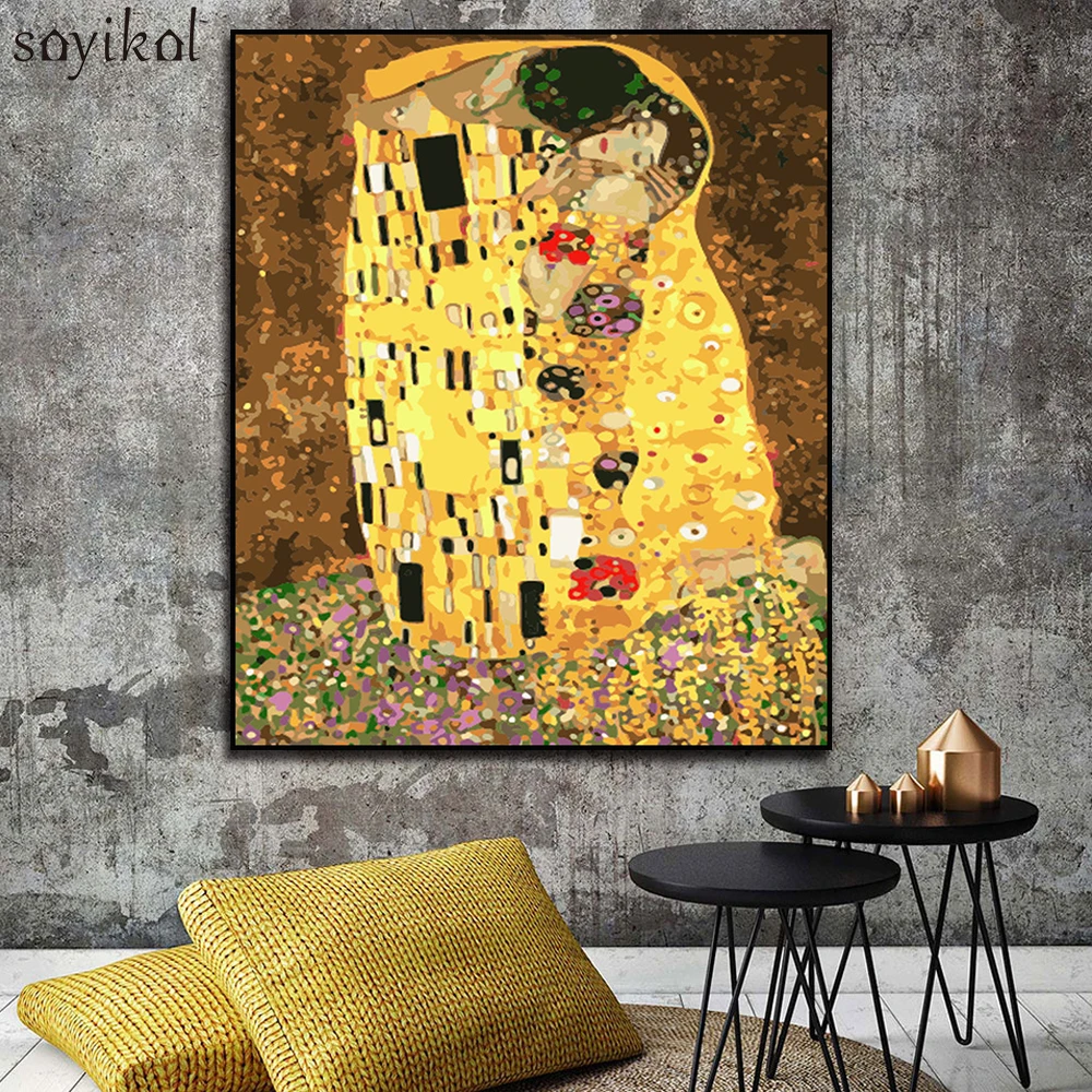 Всемирно известная DIY картина по номерам с рамкой женщина с веером Густава Климта настенная Художественная печать картины по номерам наборы декора