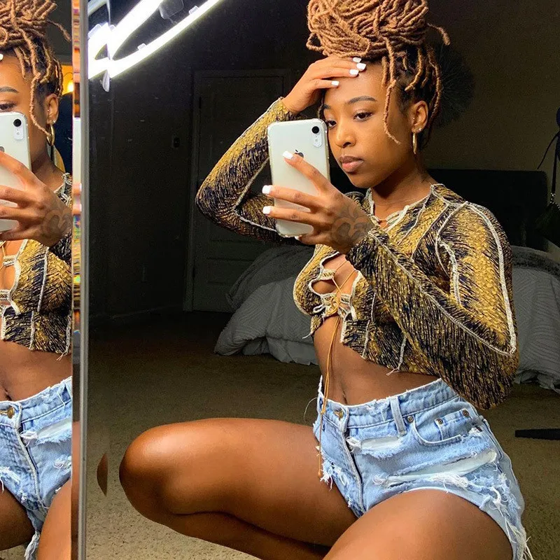 New Women's Hollow Lace Short Corp Top Long Sleeve V-neck Low Cut T-shirt Hight Street Sexy Lady Clothing Hiphop Street Wear