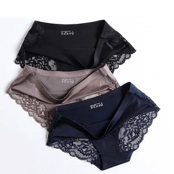 

Sexy Lace Panties Women Seamless Nylon Silk Briefs Hollow Out Breathable Underwear Solid Color Intimates Lady Low Rise Lingerie