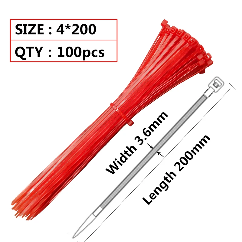Red 4*200mm Self-Locking Plastic Nylon Cable Zip Tie 100pcs Fasten Loop Wire Binding Wrap Strap 40lbs red Width 3.6mm - Color: Red