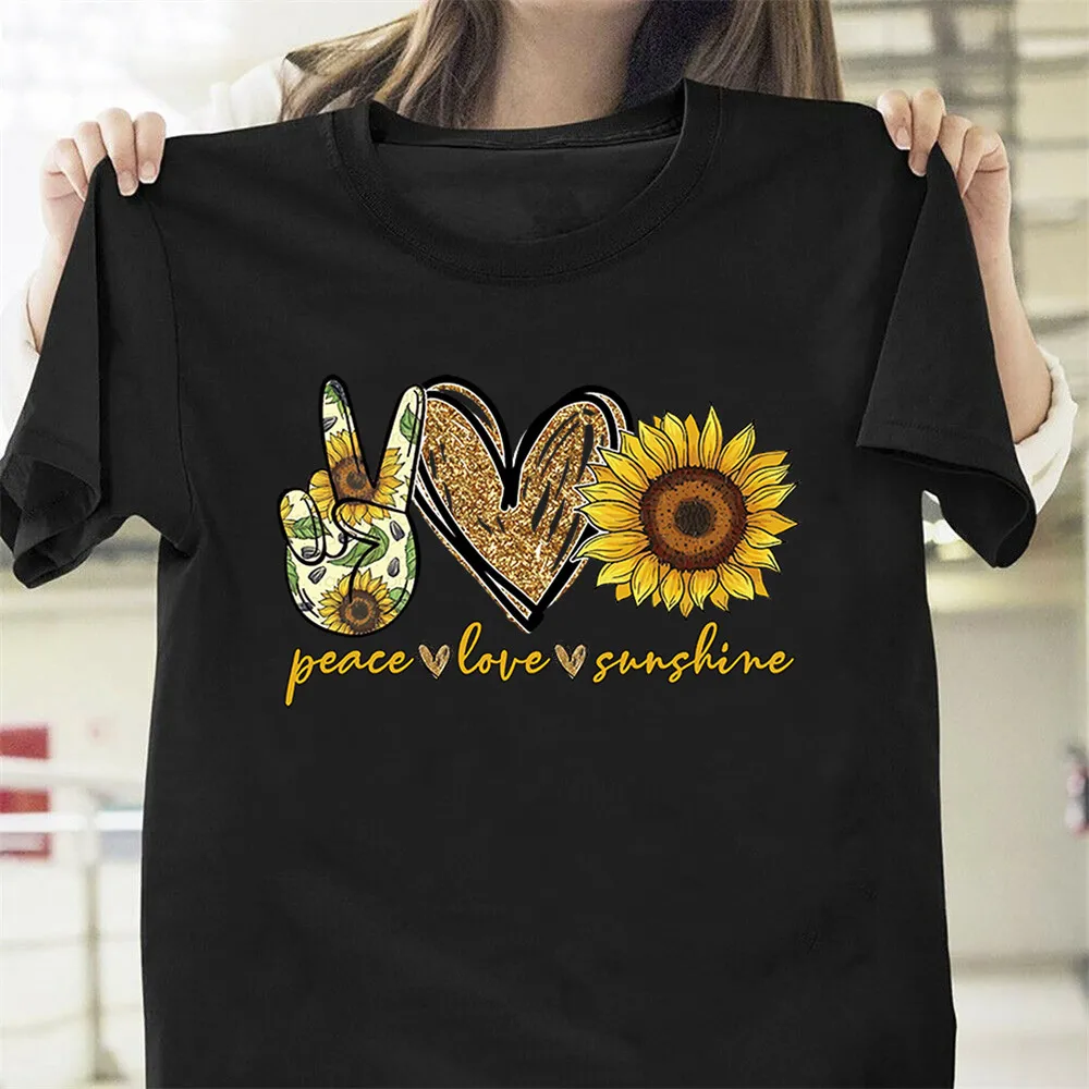 Women's Fashion Shirt Ladies Loose Top Plus Size Short Sleeve Summer Peace Love Sunshine Sunflower Printed Casual T-shirt | Женская