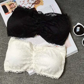 

Women's Sexy Wild base Lace Casual Crop Boob Top Bandeau Bra Strapless Seamless Solid Black White Nude 1 Pcs