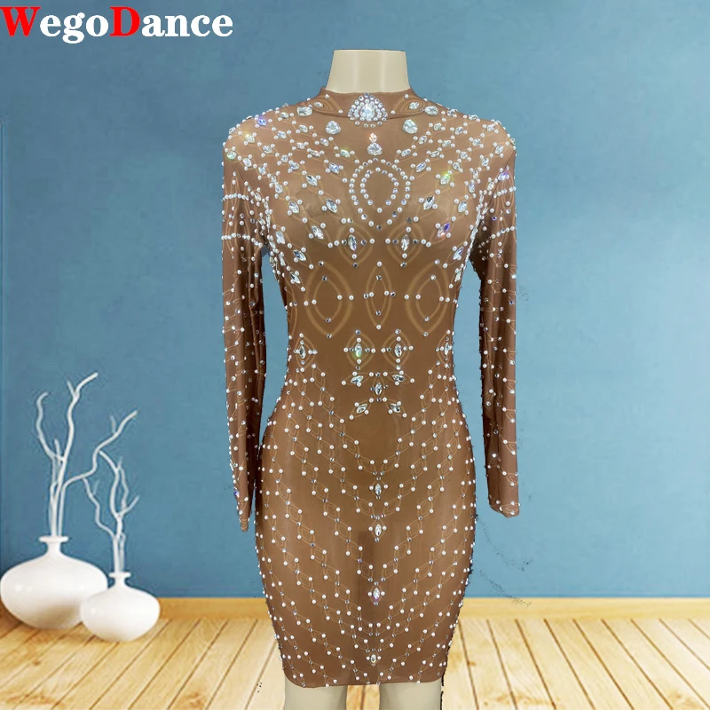 

Women Sexy Stage Silver Shining Crystals Dress Mesh Stage Costume Performance Singer Stretch