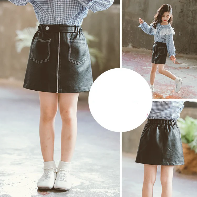 Girls Skirts Kids Pleated PU Leather Skirt 4-16 Year Old Teen Girl Skirts Zipper Straight Skirts Kids Outfit Children Clothes