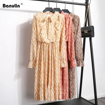 

Spring Women Vintage Printed Dress Long Sleeve O Neck Casual Chiffon Pleated Dress Mori Girls Elastic Waist A-line Long Dress
