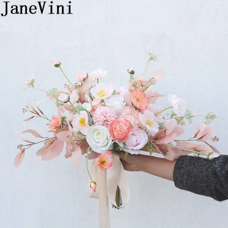 JaneVini Ins Champagne Pink Artificial Bridesmaids Wedding Bouquets Silk Rose Leaves Bridal Flowers Bride Hand Holder rosa flor