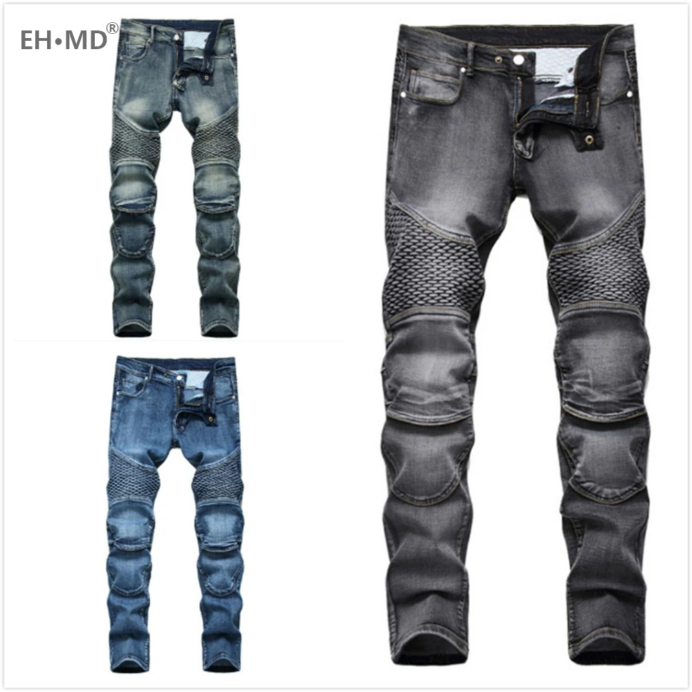 

EHÂ·MDÂ® Motorcycle Patchwork Jeans Men's Fish Scales Decorated Washed Slim-fit Pleated High Elastic Solid Color Pants Fall Winter