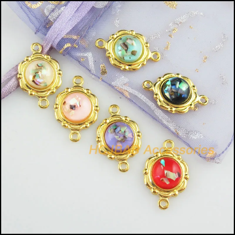 

12 New Flower Charms Gold Color Retro Mixed Resin Round Connectors 15x23mm