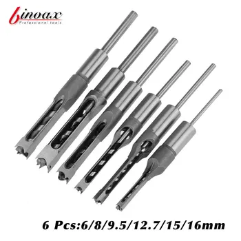 

6Pcs Square Hole Saw Drill Bits Woodworking Hole Wood Mortising Chisel Set Mortise Chisel Bit Kit Tool Set 6/8/9.5/12.7/15/16