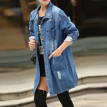 

Autumn Winter Women Hole Denim Jacket Harajuku boyfriend Wind Jean Jacket Loose Long Sleeve Female Coats Large Size Female #35