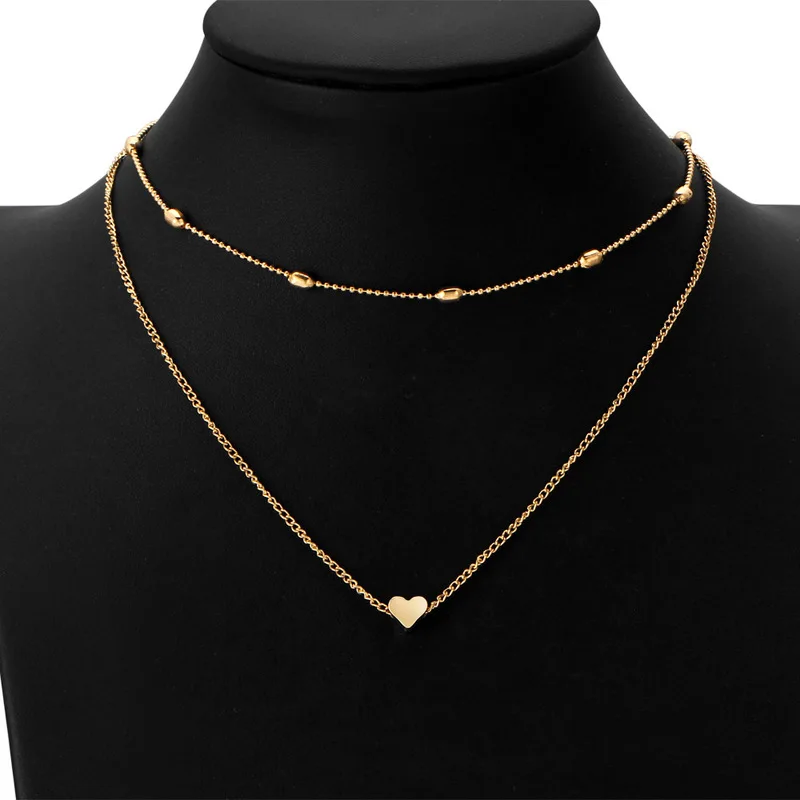 

Korean Fashion Simple Copper Heart Choker Chain Necklace Statement Gold Silver Double Layered Clavicle Pendant Necklaces Women