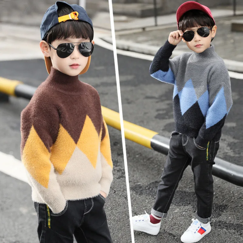 Свитер, пуловер в японском стиле, одежда для маленьких мальчиков, свитер, Детская шерсть норки наполовину высокий ворот, зимний свитер