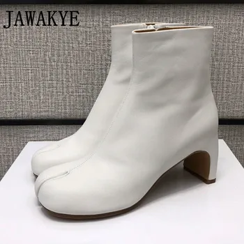 

Black white Split Toe ankle Boots Women Chunky high Heels Women Leather Botas Mujer 2020 New Brand Design Winter Shoes Women