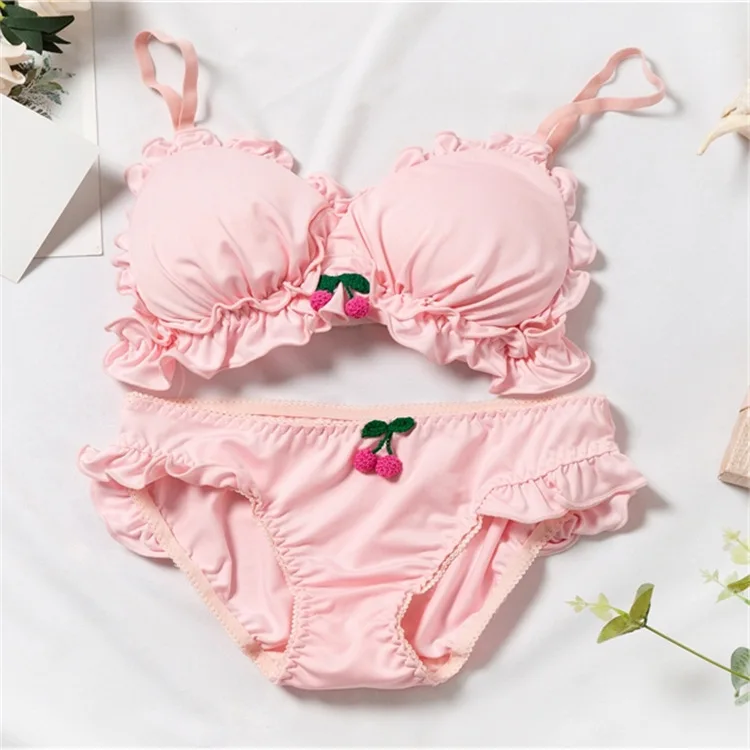Женское нижнее белье японский бюстгальтер и трусики набор Kawaii трусики бикини мини трусики танга японское нижнее белье бюстгальтеры Лолита розовый белый