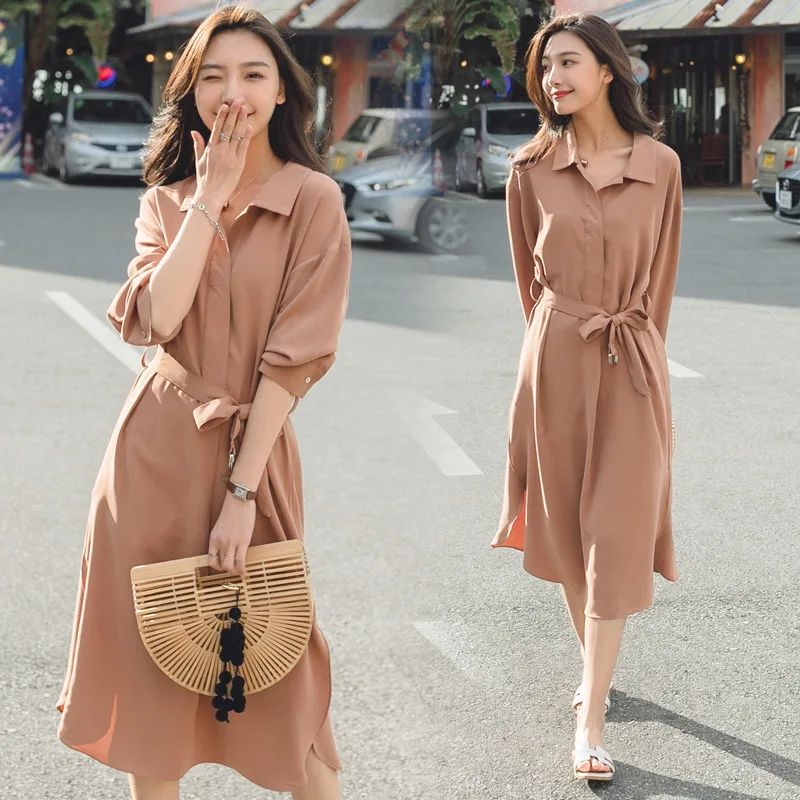 

INS Super Fire Shirt Skirt Female Spring 2020 New Style Mid-length Elegant Waist Hugging Slimming Normcore Style Dress
