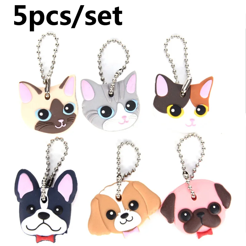 5Pc  Head Cover Keychain Silicone Key Ring Cap Case Shell Cat Hamster Pug Dog Animals Shape Lovely Jewelry Gift