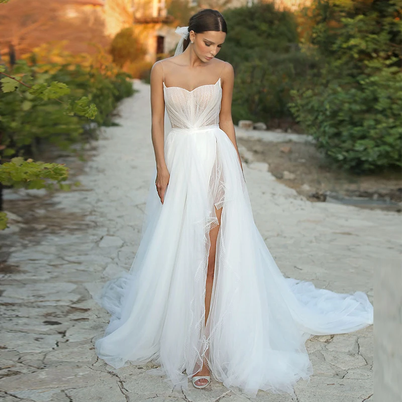

Thinyfull Shiny Country Wedding Dresses Spaghetti Straps Side Split Boho Illusion A-Line Bride Dress For Wedding Princess