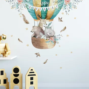 

Cartoon Watercolor Safari Animals Wall Stickers Hot Air Balloon Wall Decals For Kids Room Baby Nursery Home Decoration PVC Decor