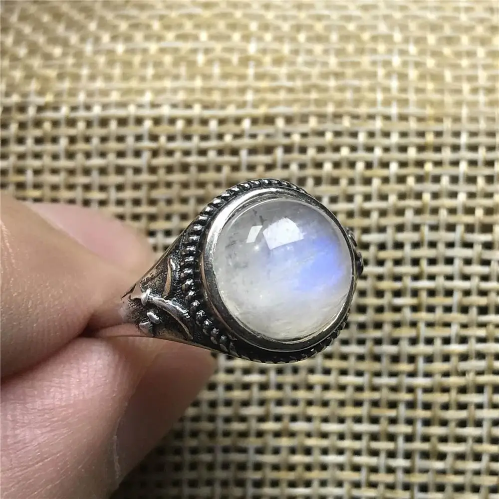 12 мм естественный синий свет лунный камень кольцо для женщин и мужчин кристалл 925 Серебряный подарок круглые бусины драгоценный камень регулируемое кольцо ювелирные изделия ааааа