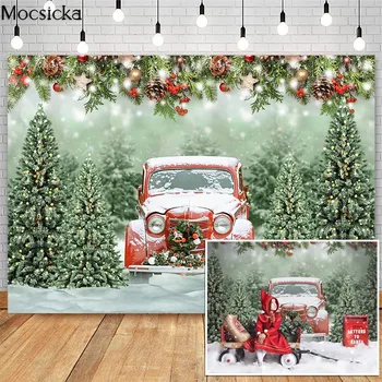

Mocsicka Christmas Red Truck Photography Backdrop Winter Snow Photocall Background Photo Studio Pine Tree Christmas Wreath Decor