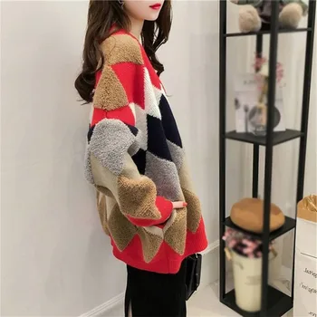 

3Colors Knit Cardigan Lazy Sweater Stitching Color Geometric Print Cardigan Sweater Mid-long Loose Coat