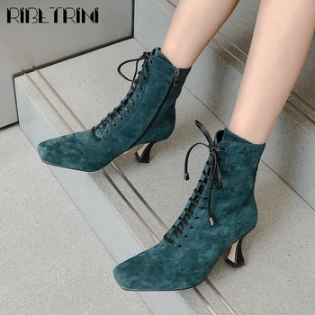 

RIBETRINI Ladies Elegant Flock Thin High Heels Shoes Mature Pointed Toe Ankle Women Boots lace-up Dress Boots