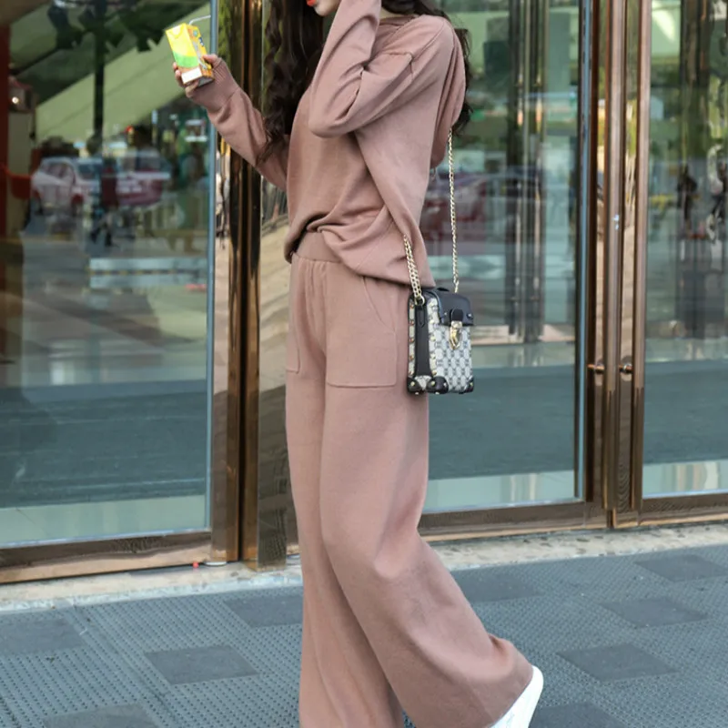 

Women Autumn Casual Tracksuits Female Knitted Two 2 Piece Set Pullover Sweater with Elastic Waist Wide Leg Long Pants