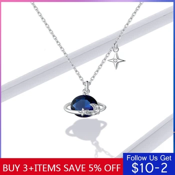 

New 925 Sterling Silver Blue Planet Pendant Necklace for Women Stars Design Engagement Statement Jewelry Colllar CMN166