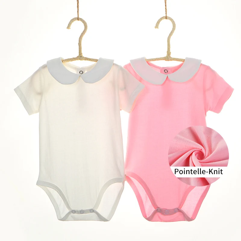 

Baby Clothing Newborn Girl Bodysuit Peter Pan Collar Short Sleeve Jumpsuit Kid Summer Thin Clothes Cotton Mesh Pointelle Overall