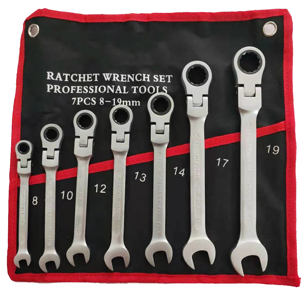 7 pieces / set Flexible Head Ratcheting Combination Wrench Hand Tool Kits Hand Spanners 8/10/12/13/14/17/19 mm