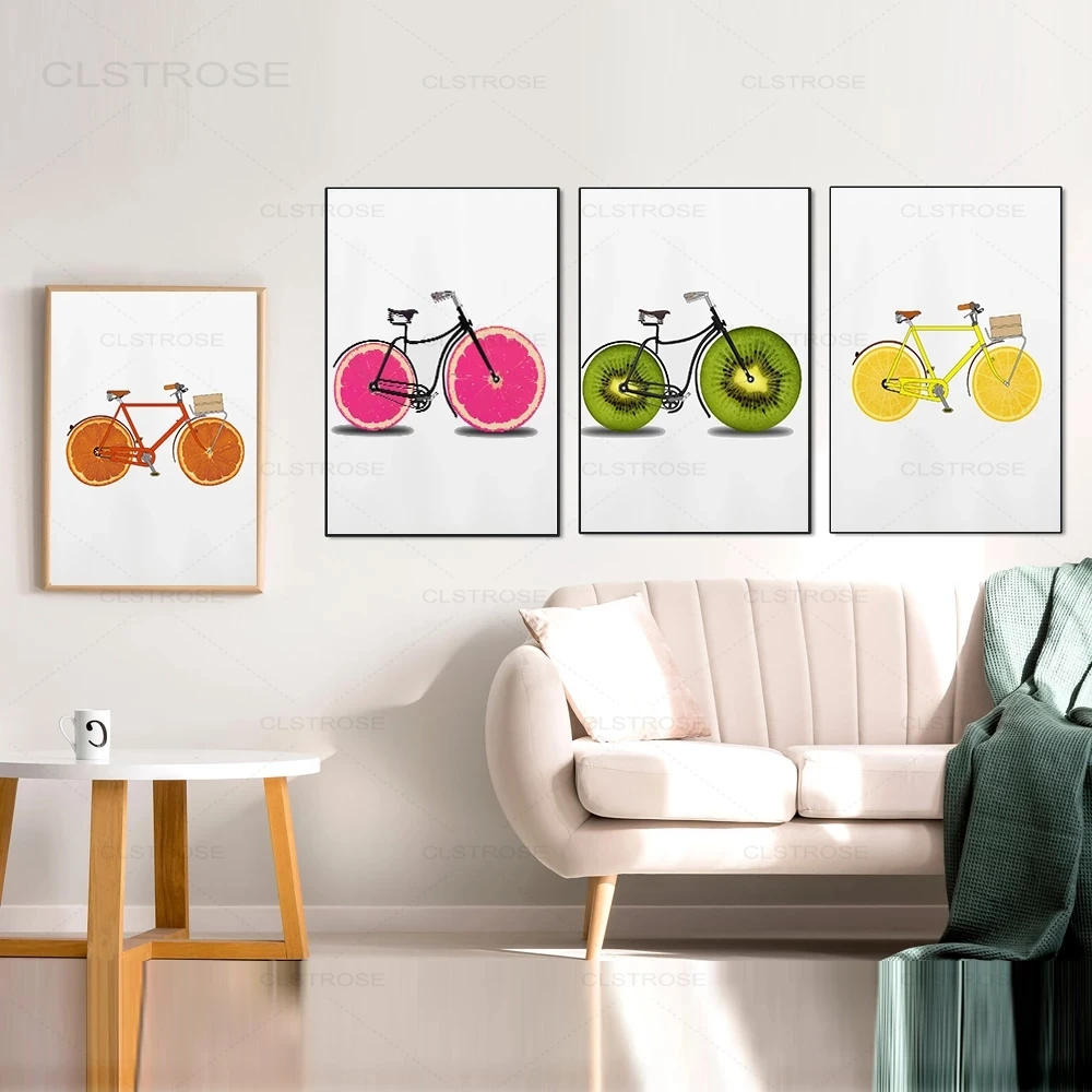 Food Painting Funny Fruit Bike Art Lemon Bicycle Be Active kiwi Poster Nordic Scandinavian Kitchen Bathroom Bedroom Decoration | Дом и сад
