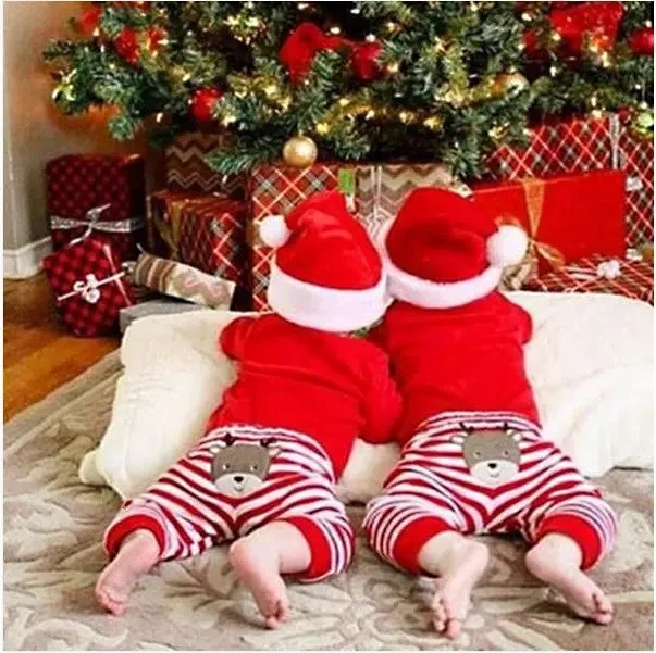 Рождественские комплекты одежды для маленьких девочек детский комбинезон+ полосатые брюки комплекты одежды из 2 предметов для новорожденных девочек