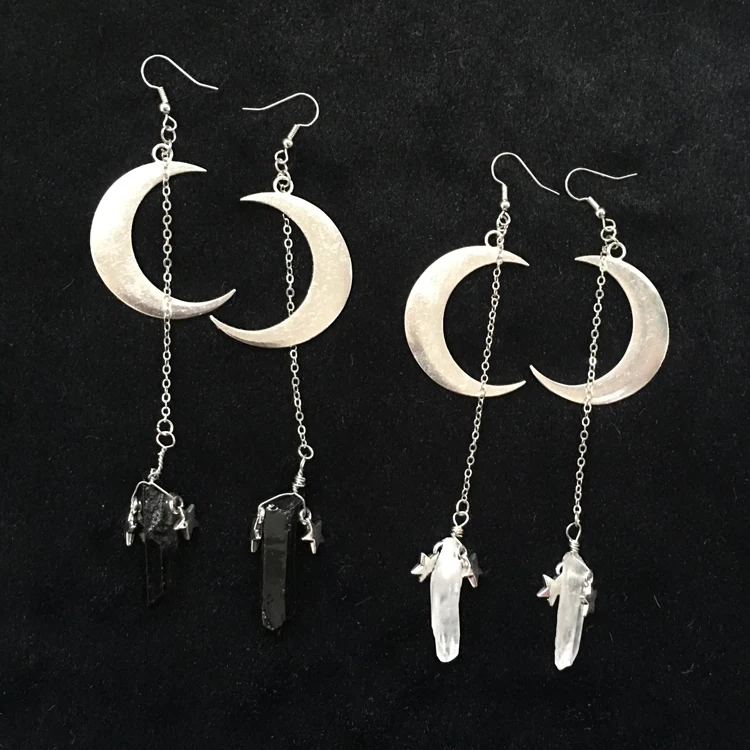 Серьги с белым/черным кварцевым кристаллом Aura Witchy полумесяц готика оккультитизм