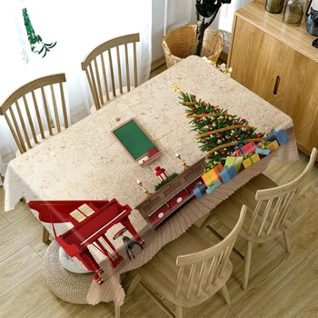 

3D Christmas Tablecloth Piano and Christmas Tree Decoration Pattern Rectangular/Round Table Cloth Thick Cotton Cover Towel