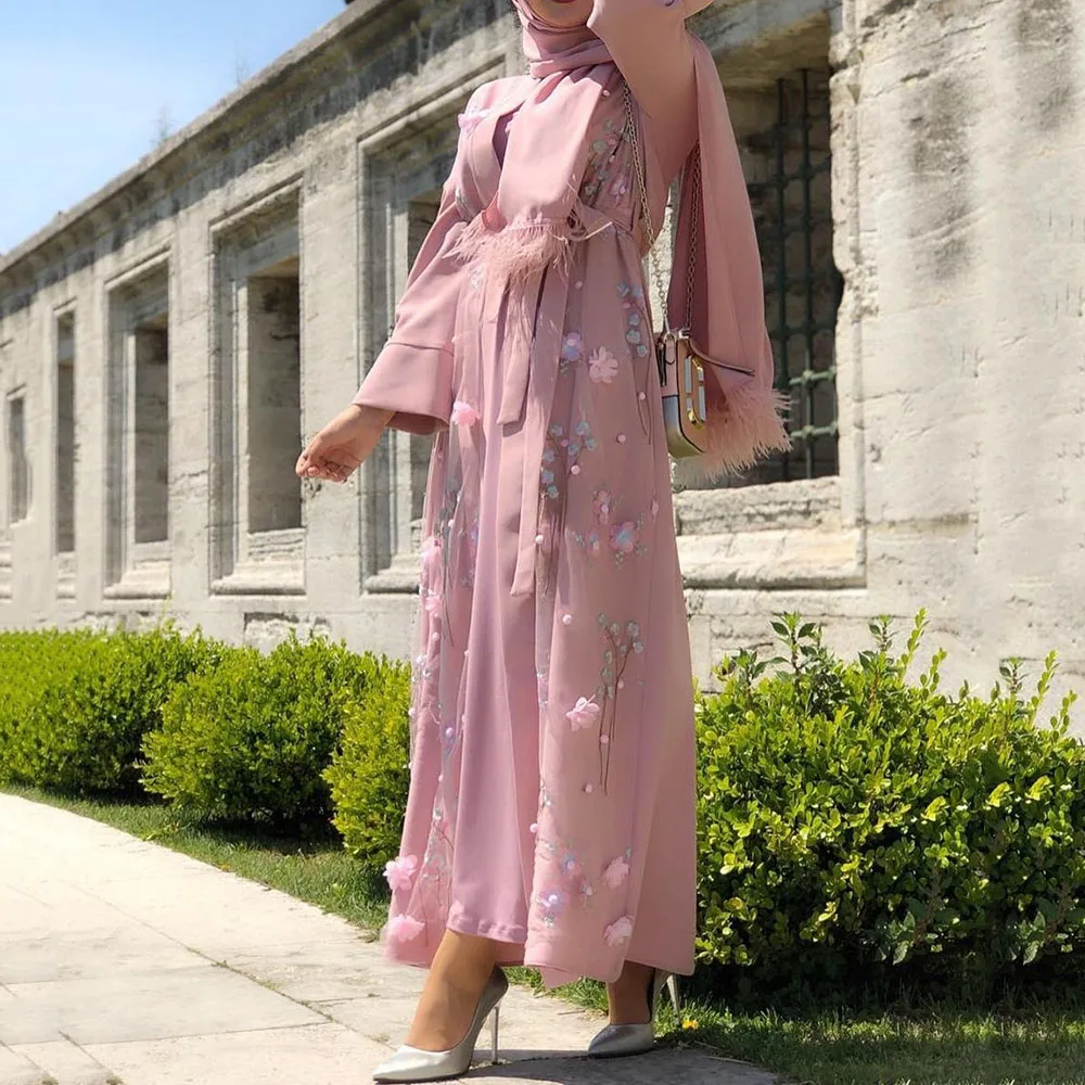 

Women Plus Size Abaya Jilbab Muslim 3D Embroidery Maxi Dress Foral Beletd High Waist Kaftan Long Dress Islamic Clothings S-2XL