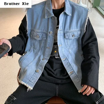 

Autumn New Sleeveless Denim Jacket Men Fashion Washed Solid Color Denim Jacket Vest Man Streetwear Wild Hip Hop Loose Denim Vest