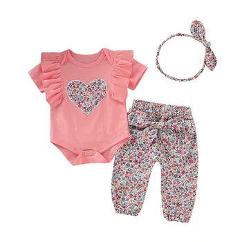 

Infant Baby Girls Bodysuit Set 3Pcs Sleeveless Jumpsuit+Pant+Hairband Cotton Summer Outfits Clothes