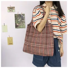 Простая Ретро клетчатая тканевая сумка на одно плечо Большая вместительная сумка для покупок в студенческом стиле